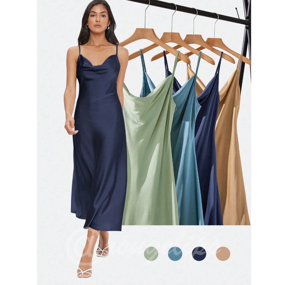 Dark Blue Satin Cami Dress Midi Adjustable Spaghetti Straps - Picture 6 of 8